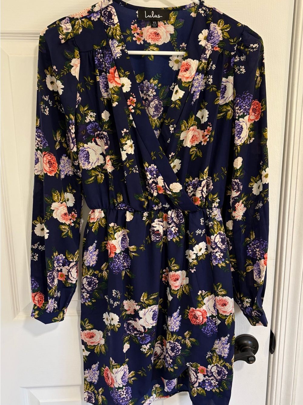 Lulu's Navy Floral Wrap Romper with Pink & Purple Blooms